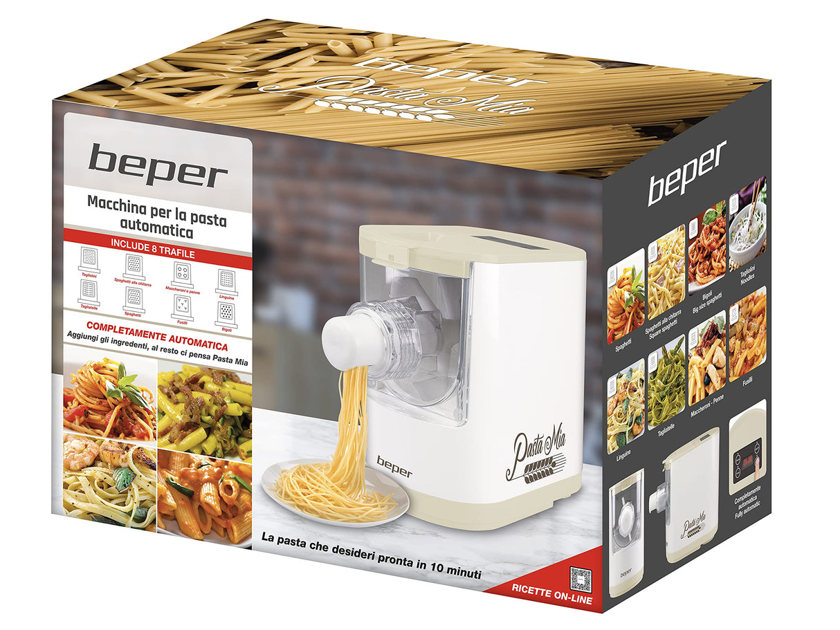 BEPER P102SBA500 Máquina Automática para Pasta Fresca, Pasta maker,200W, 320 g de Harina, 8 Trefiladores diferentes formatos, Pantalla para el funcionamiento, Incluye Medidor y Espátula