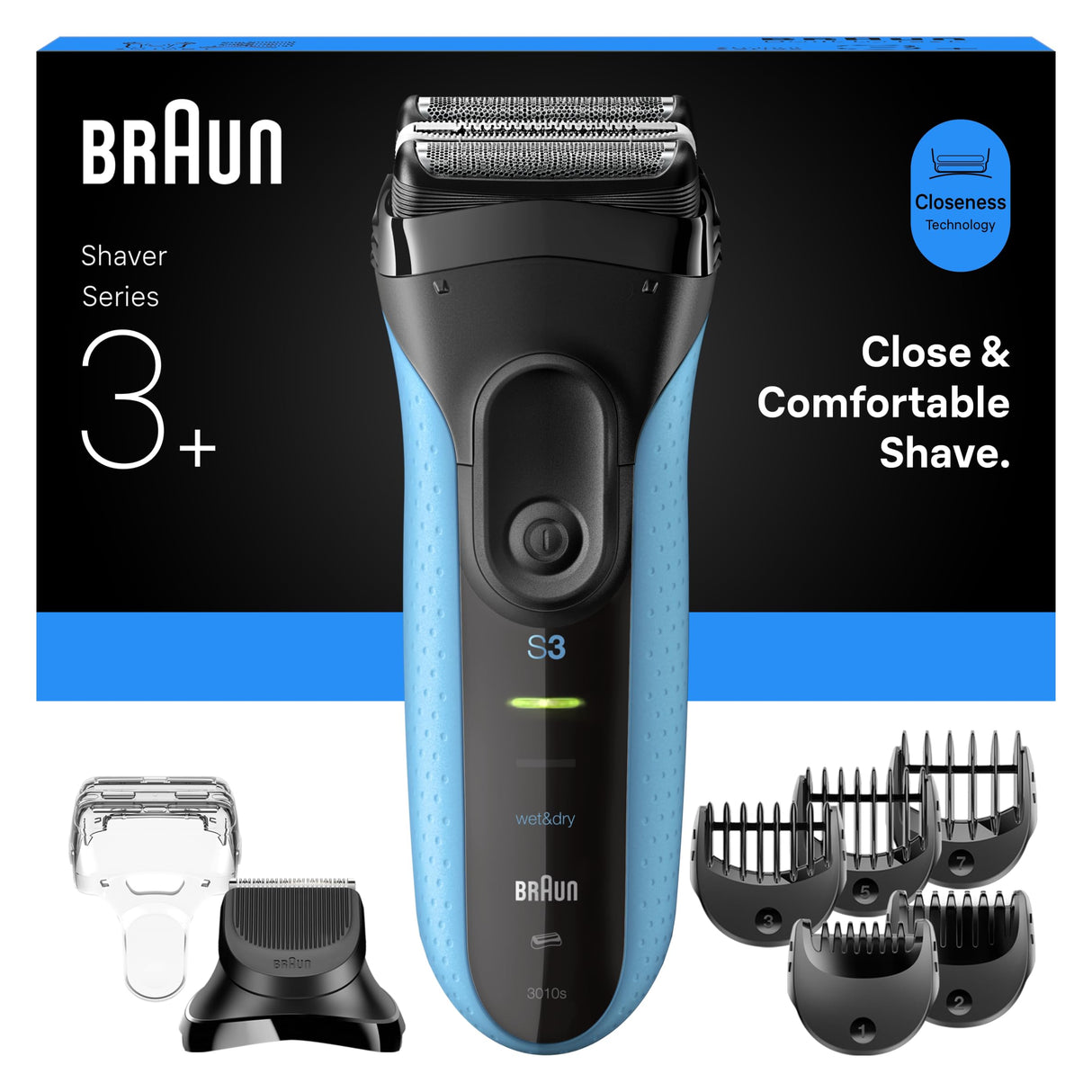 Braun Afeitadora eléctrica serie 3+, 3 cuchillas flexibles, micropeine de eficiencia, accesorio para recortadora de barba, +5 peines, maquinilla de afeitar húmeda y seca para hombres, fabricada en