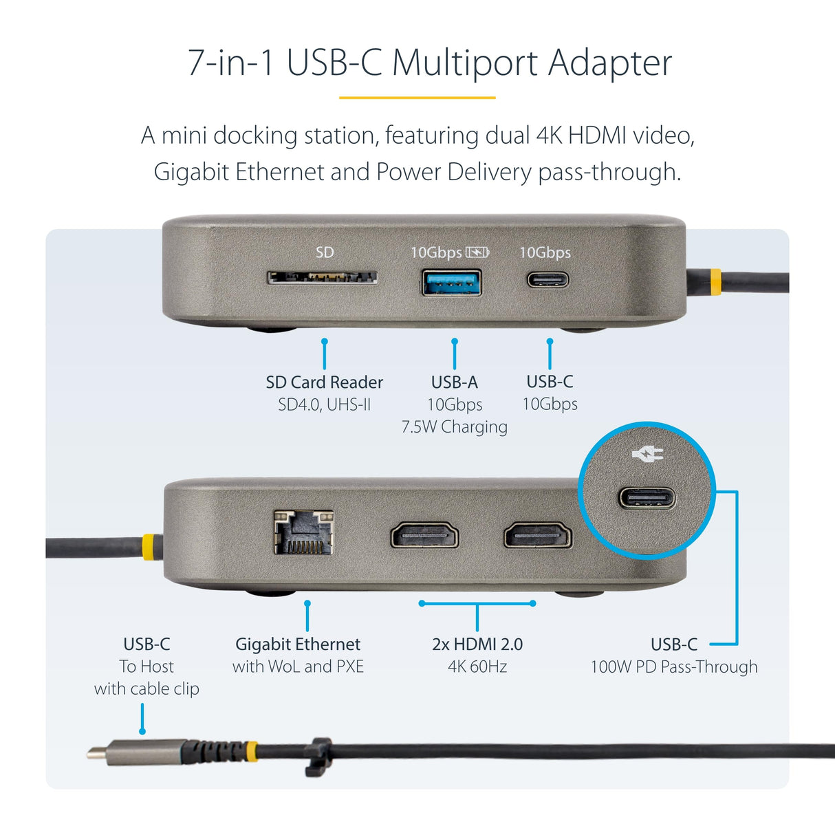 StarTech.com Adaptador Multipuertos USB C - HDMI Doble 4K 60Hz - Hub 10Gbps de 2 Puertos USB-C/USB-A - PD100W - GbE - SD