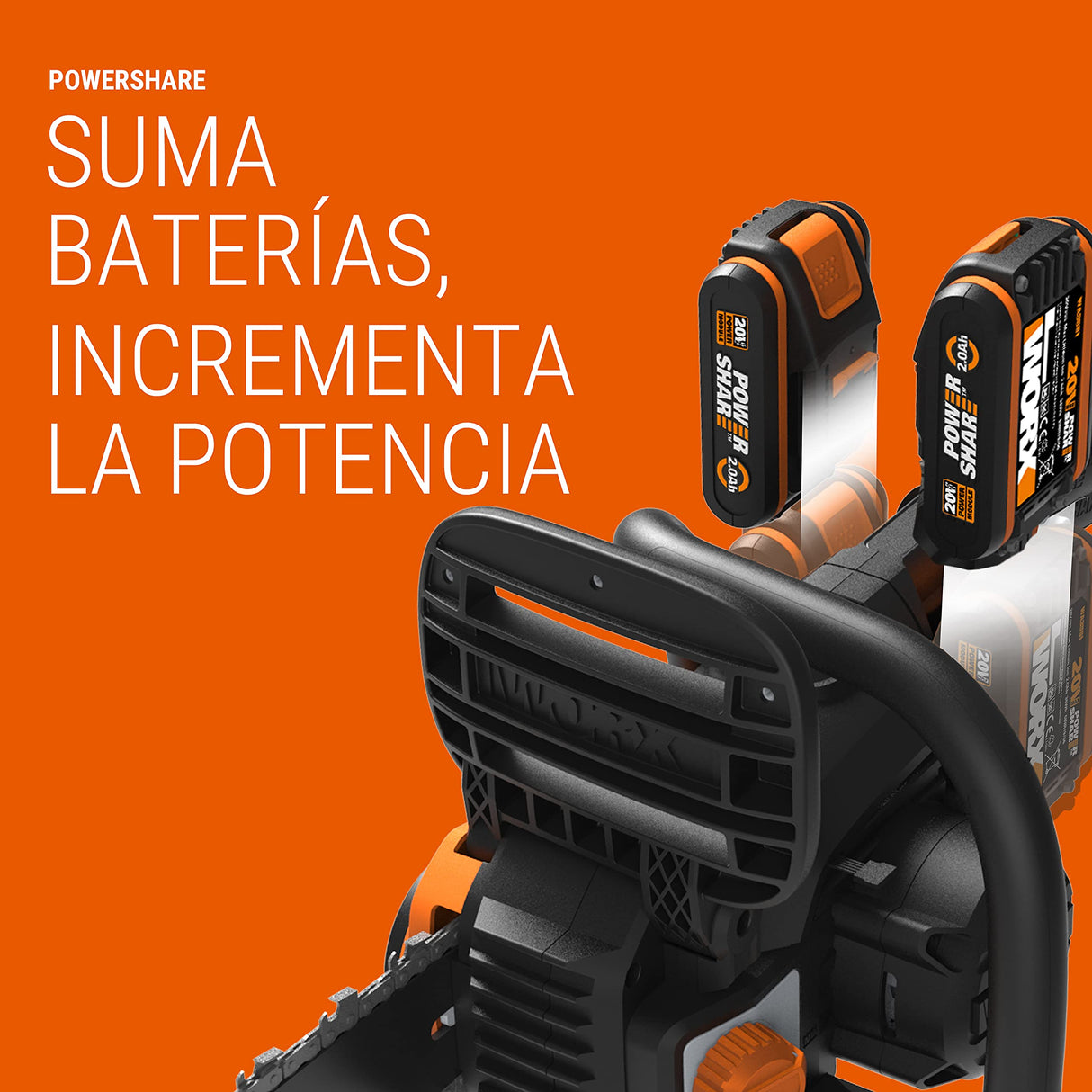 WORX Motosierra 40V Máx. (2x20V) | PowerShare | WG384E.9 | No incluye batería ni cargador |Espada 35 cm | Motor Brushless | Tensado de cadena sin herramientas