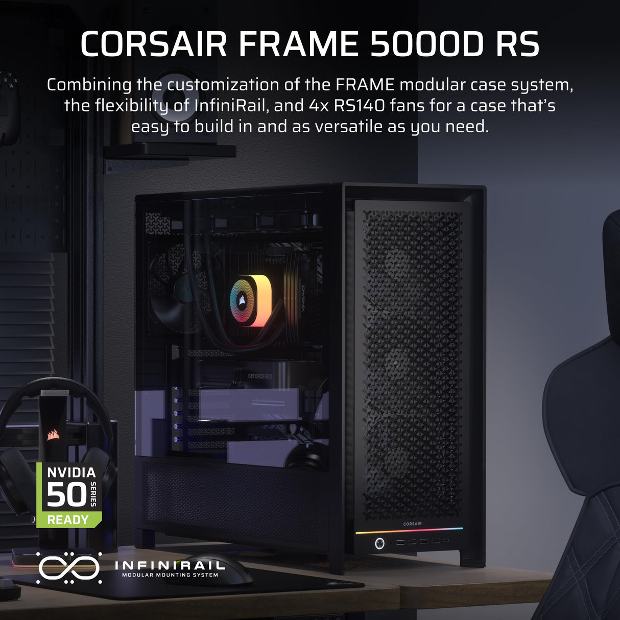 CORSAIR Frame 5000D RS Caja Modular Mid-Tower de Gran Flujo de Aire para PC – 4X Ventiladores RS Preinstalados, Sistema de Montaje de Ventiladores InfiniRail – Negro