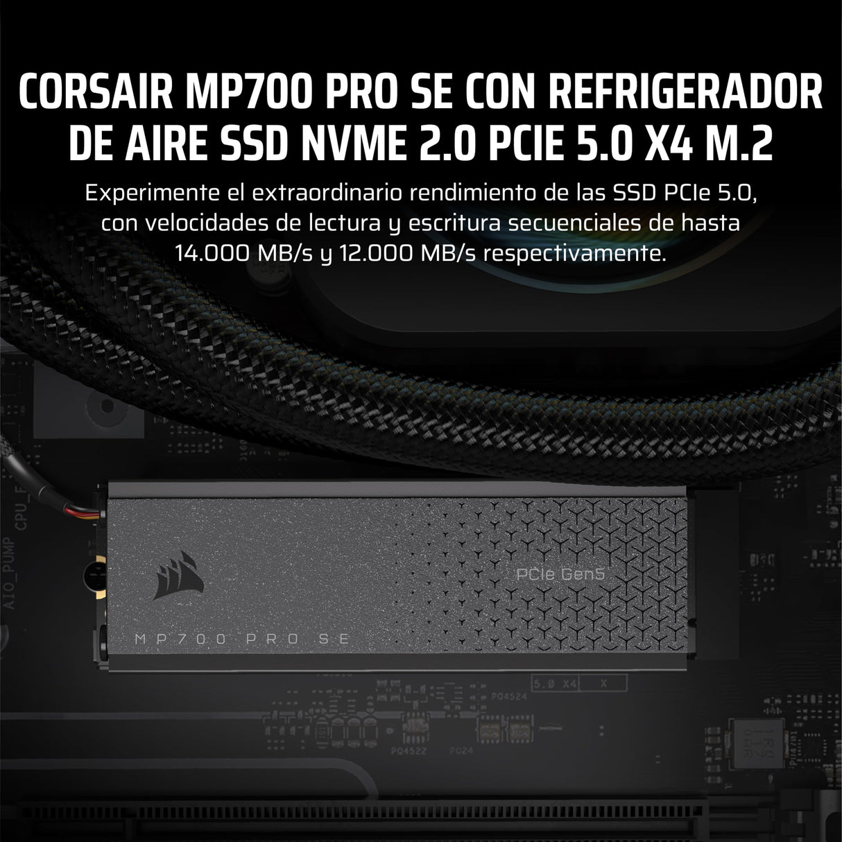 Corsair MP700 Pro SE con Refrigerador de Aire 4 TB PCIe 5.0 x4 NVMe 2.0 M.2 SSD – M.2 2280 – hasta 14.000 MB/s de Lectura Secuencial – 3D TLC NAND de Alta Densidad – Negro