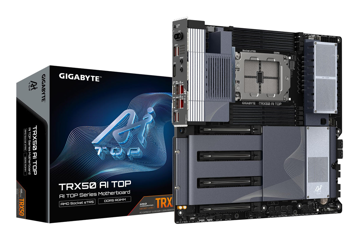 GIGABYTE TRX50 AI TOP-2B Placa Base – Procesadores AMD Ryzen Threadripper Pro 7000, VRM Digital de 16+8+4 Fases, hasta 5200 MHz DDR5, 4 x M.2 PCIe 5.0, Wi-Fi 7, LAN 10 GbE, USB 4