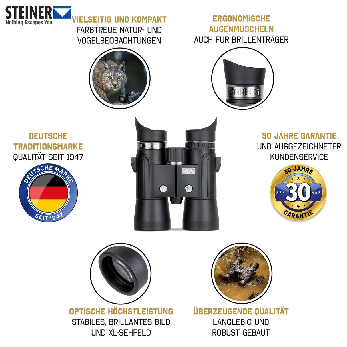 STEINER Prismáticos Wildlife 8x42 - Óptica de Calidad Alemana, Imagen Estable, Gran Campo de visión, Alta fidelidad de Color, observar la Naturaleza, los Animales y Las Aves