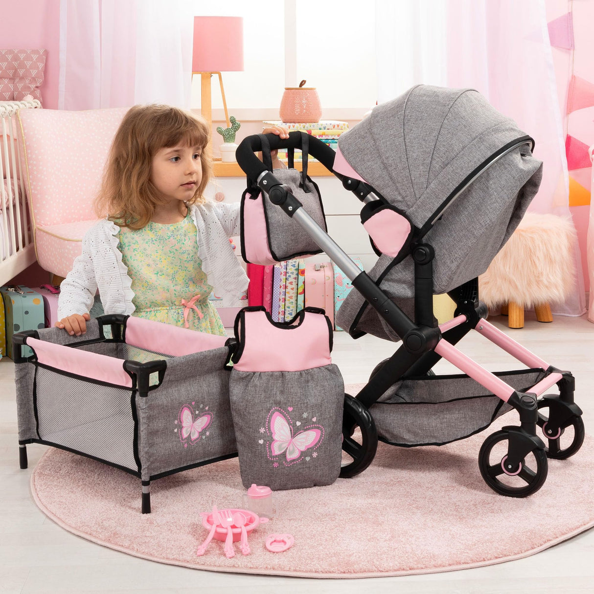 Bayer Design 17033AD Cochecito de muñeca XEO, Convertible, Regulable en Altura, Cuna de Viaje, Bolsa, Saco de Dormir, Accesorios