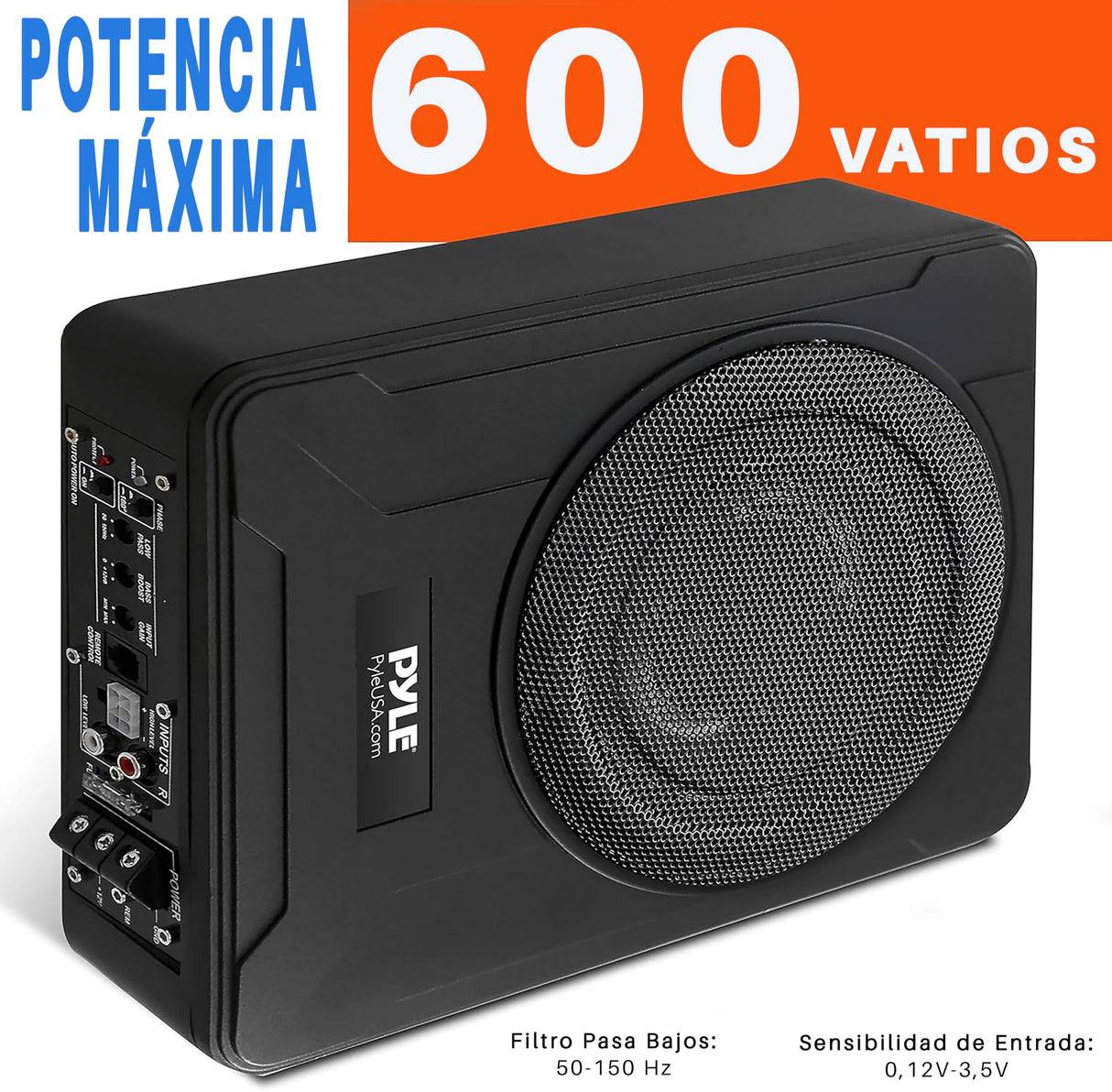 Pyle Sistema de subwoofer Amplificado de Perfil, Audio para Coche, Bajo de 8”, Activo, Cerrado, Compacto, 600V, Amplificador Incorporado