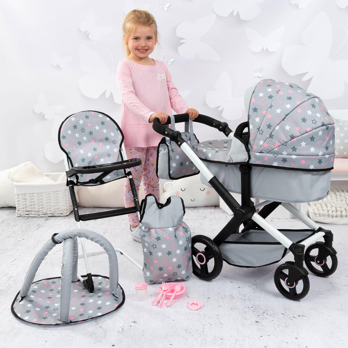 Bayer Design 17007AB Cochecito de muñeca XEO, Convertible, Regulable en Altura, Trona para muñeco bebé, Bolsa, Saco de Dormir, Gimnasio Actividades, Accesorios