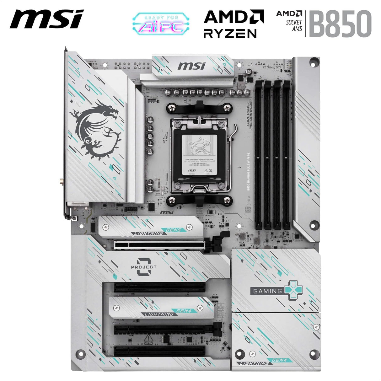 MSI B850 Gaming Plus WiFi PZ Placa Base, ATX - Compatible con procesadores AMD Ryzen 9000/8000 / 7000, AM5 - Memoria DDR5 Boost 8200+ MT/s (OC), PCIe 5.0 x16, M.2 Gen5, Wi-Fi 7, 5G LAN