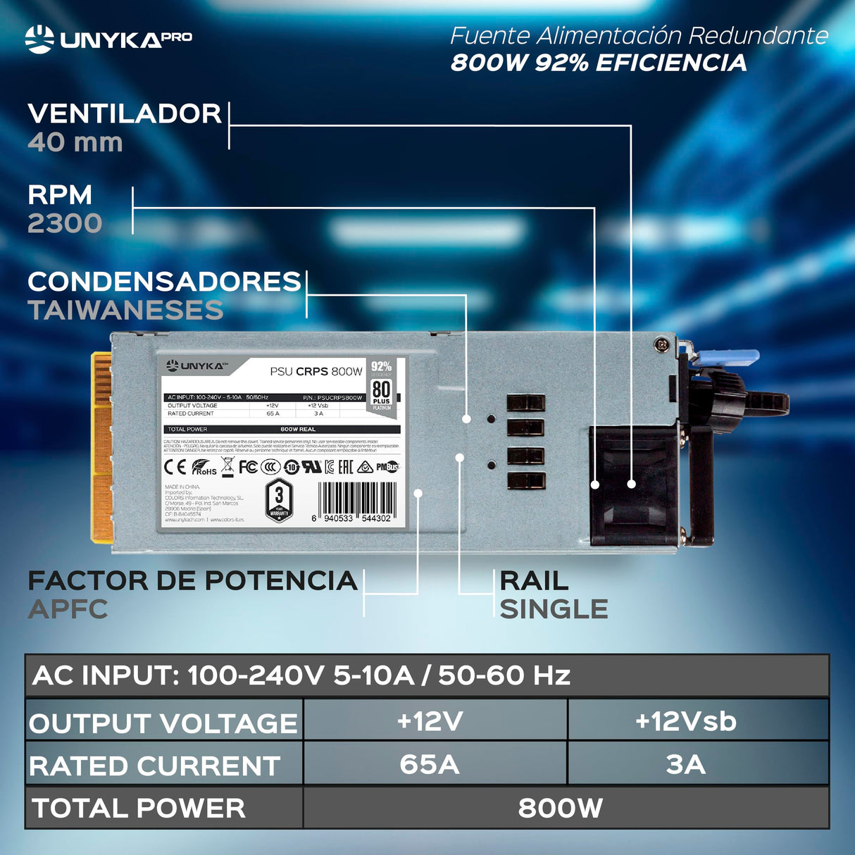 UNYKAch Fuente de Alimentación Redundante PSU CRPS 800W 92% Eficiencia 80 Plus Platinum con Ventilador 40 mm
