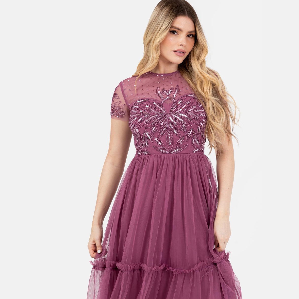 Maya Deluxe Women's Midi Dress Ladies Round Neck Sheer Short Sleeves Sequin Embellished Tulle Ruffle A-Line Wedding Guest Occasion, Rose, 56