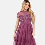 Maya Deluxe Women's Midi Dress Ladies Round Neck Sheer Short Sleeves Sequin Embellished Tulle Ruffle A-Line Wedding Guest Occasion, Rose, 56