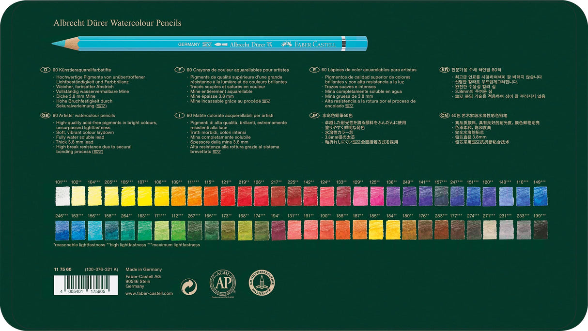 Faber-Castell 117560 - Estuche de Metal con 60 Lápices de Colores Acuarelables - Multicolor