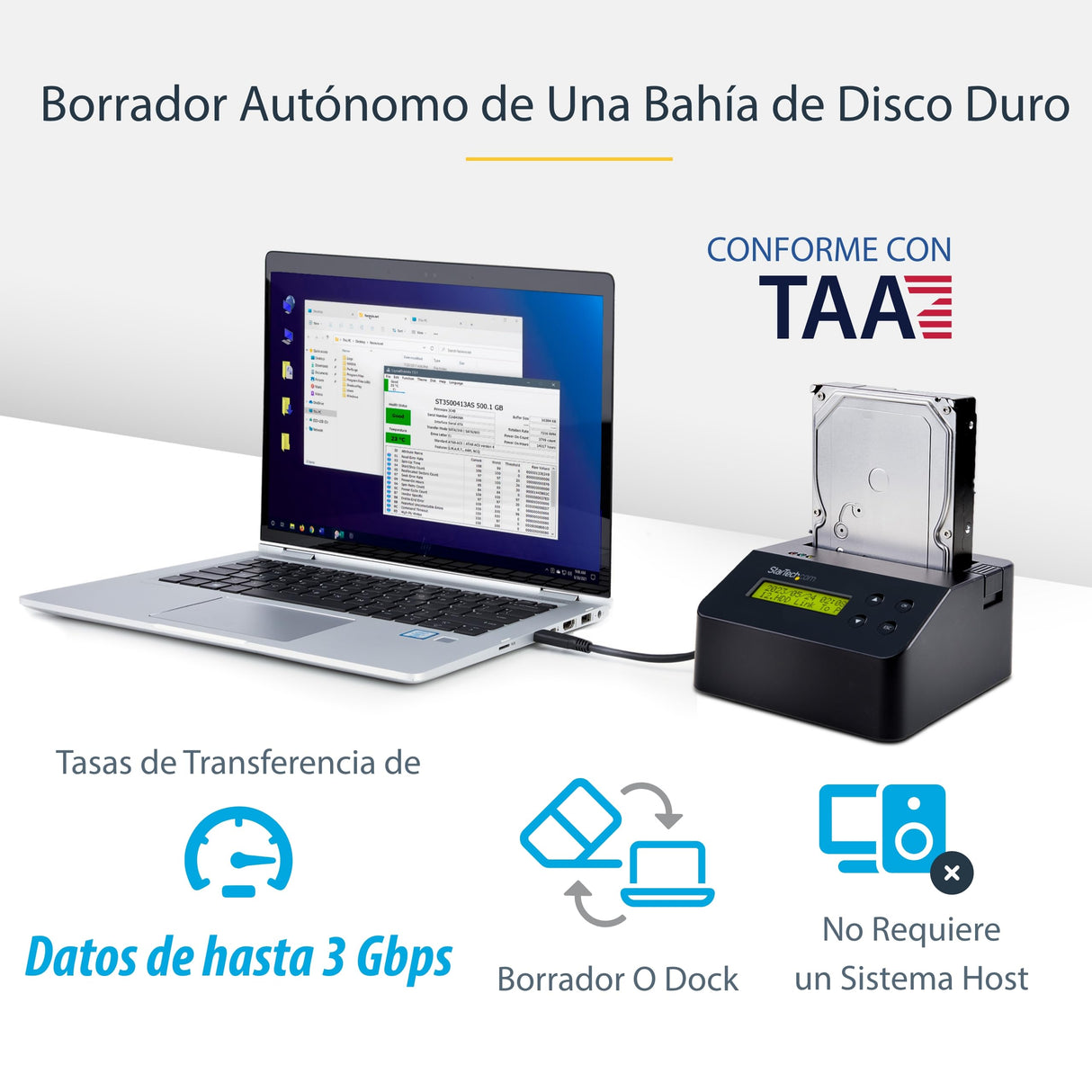 StarTech.com Borrador Autónomo USB 3.0 de 1 Bahía para Discos Duros o SSDs, USB 3.0 a SATA II (3 Gbps), TAA, 9 Modos de Borrado, Pantalla LCD, Sanitizador, Puerto DB-9 de Impresora (SDOCK1EU3P)
