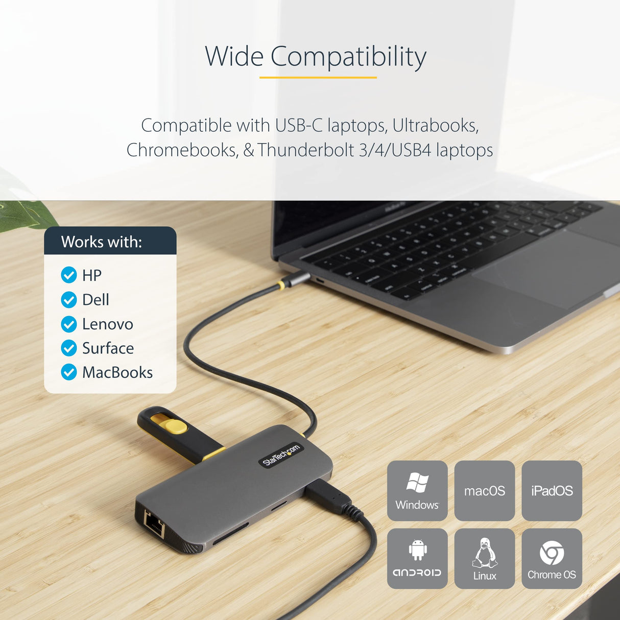 StarTech.com Adaptador Multipuertos USB C de Vídeo 4K a 60Hz, con Hub de 3 Puertos USB-A de 5Gbps, Entrega de Alimentación USB de 100W, Red Ethernet, SD/microSD, Cable de 30cm (115B-USBC-MULTIPORT)