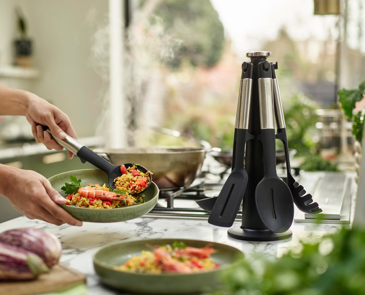 Joseph Joseph Elevate Utensilios de Cocina de Silicona, 5 Piezas, Accesorios sin BPA, Antiadherentes, Resistentes al Calor, Mango en Acero Inoxidable, con Soporte Giratorio
