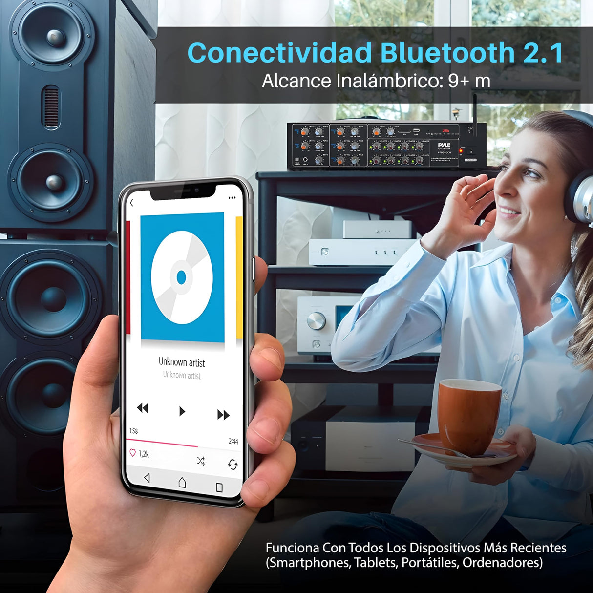 Pyle Amplificador de Sonido, 4000W, Bluetooth, Inalambrico, Sistema de Caja de Receptor Estereo, para el hogar, 8 Canales, RCA, USB, AUX, Altavoces, PA, Teatro, Estudio, Escenario