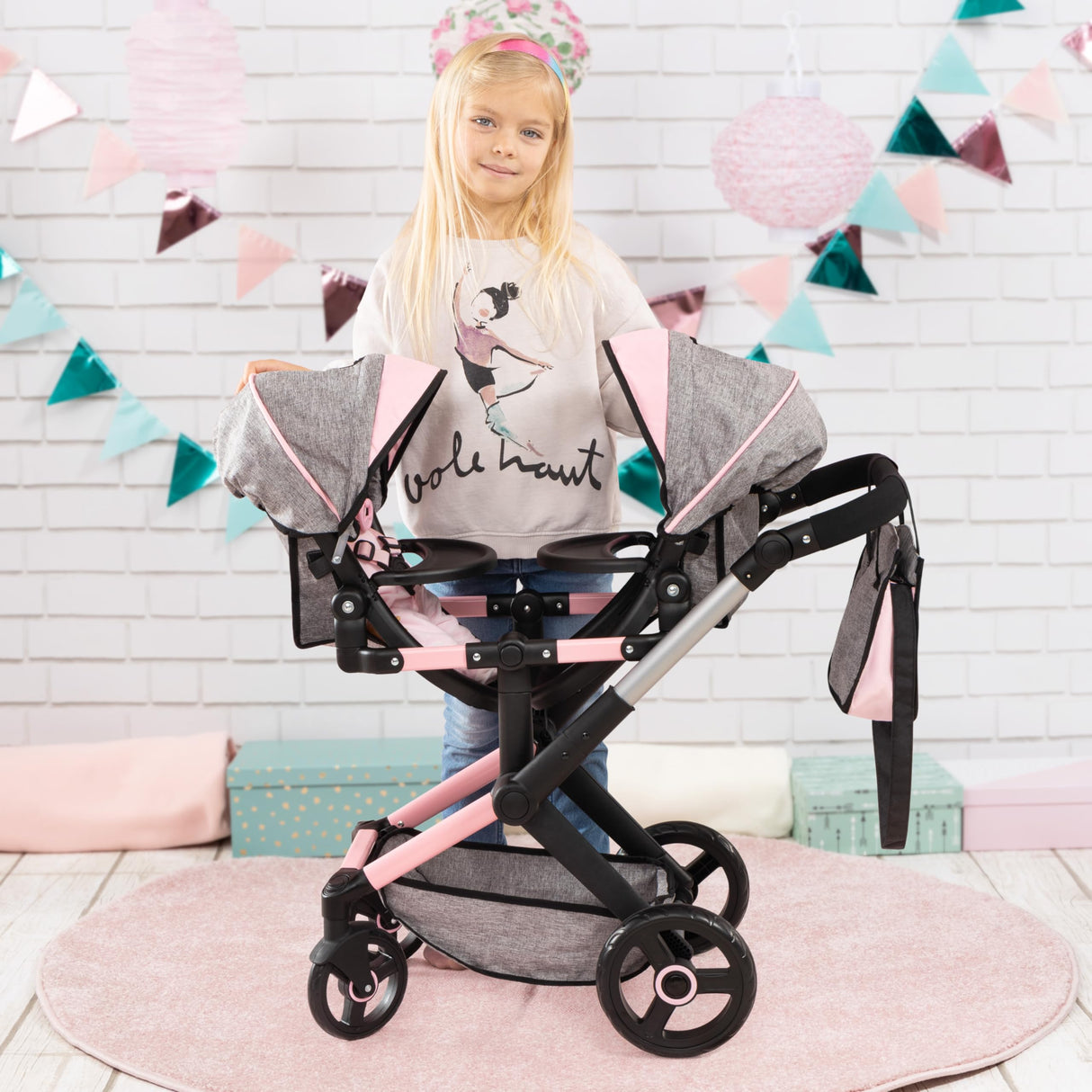 Bayer Design 26733AA Twin Xeo Cochecito de muñeca gemelas, Carrito Doble para muñecos, Altura Regulable, Ruedas Delanteras móviles, Bolsa