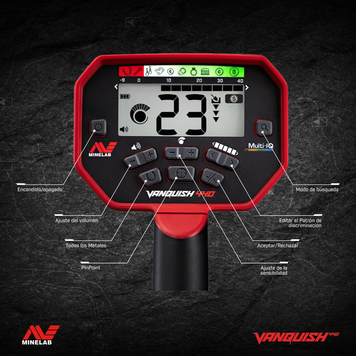 Detector de Metales Minelab Vanquish 440 Multi-Frequency Pinpointing para Adultos con Bobina V10 10 Pulgadas x 7 Pulgadas Doble-D Impermeable