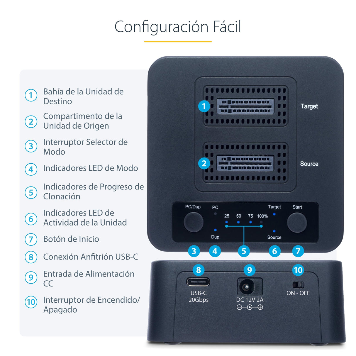 StarTech.com Dock Clonador Autónomo 1:1 de NVMe M.2-90GBpm - USB-C 3.2 de 20Gbps - Docking Station USB Tipo C de 2 Bahías
