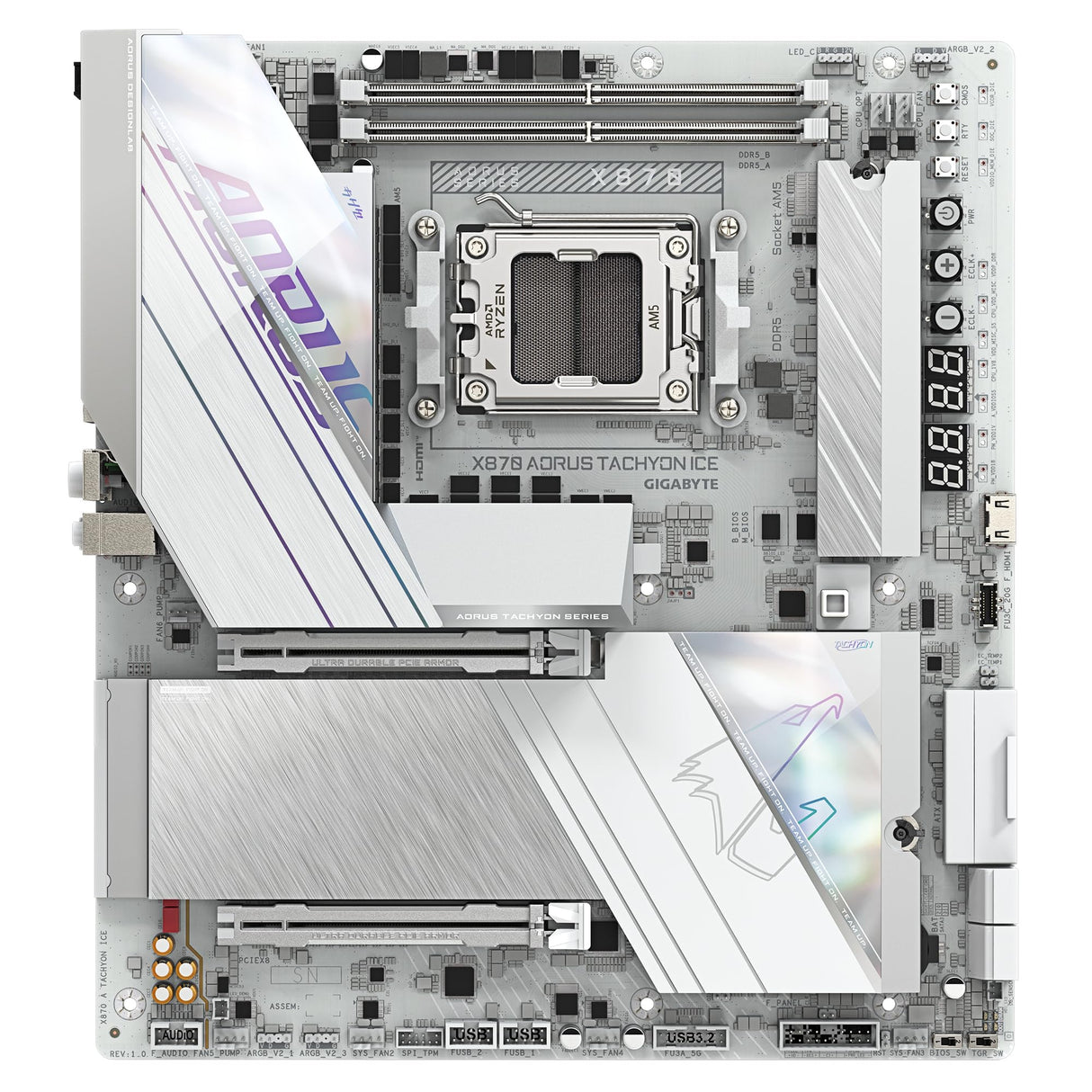 GIGABYTE X870 AORUS Tachyon Ice Placa Base – Compatible con procesadores AMD Ryzen 9000, VRM Digital de 18+2+2 Fases, hasta 9600 MHz DDR5 (OC), 1 x PCIe 5.0 + 2 x PCIe 4.0, Wi-Fi 7, LAN 5 GbE, USB 4