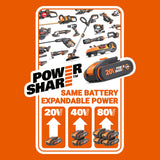 WORX NITRO Mini Motosierra batería 5 Pulgadas WG325E.1, Sierra de poda con pértiga de extensión de 125 cm, Motor sin Escobillas, PowerShare 20V, 1 batería y 1 cargador incluido