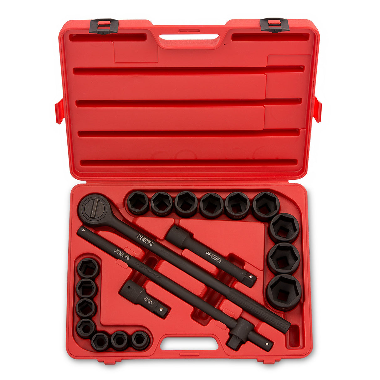 NEIKO 02379A - Juego de llaves de impacto jumbo de 3/4 pulgadas | 21 piezas | Poco profundo | SAE | Tamaños 3/4 a 2 pulgadas | Acero Cr-V