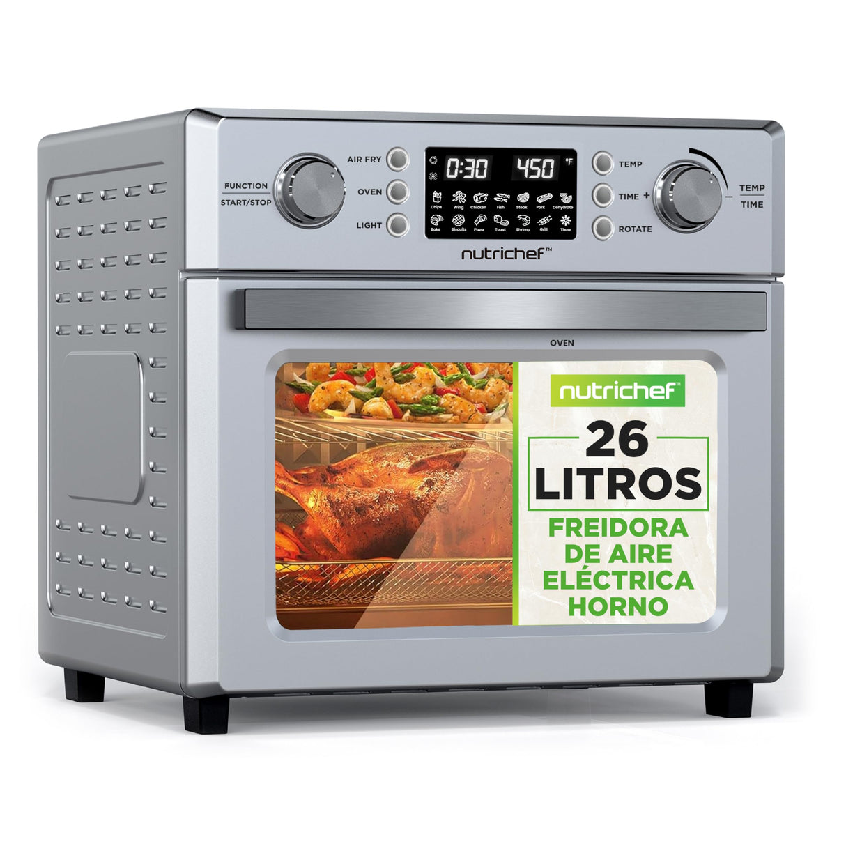 Nutrichef freidora aire, Air fryer, 26L, Horno, Electrico, 10 funciones automaticas, Incluye Bandeja recolectora, canasta para freír y rejilla para hornear