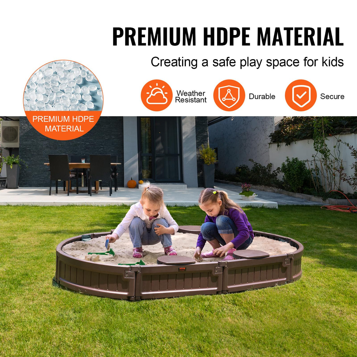 VEVOR Caja de Arena con Tapa Areno de HDPE Ovalado de 183x105,5x23cm con 4 Asientos en Las Esquinas y Revestimiento Inferior para Niños de 3 a 12 Años para Patio al Aire Libre, Playa, Parque, Marrón