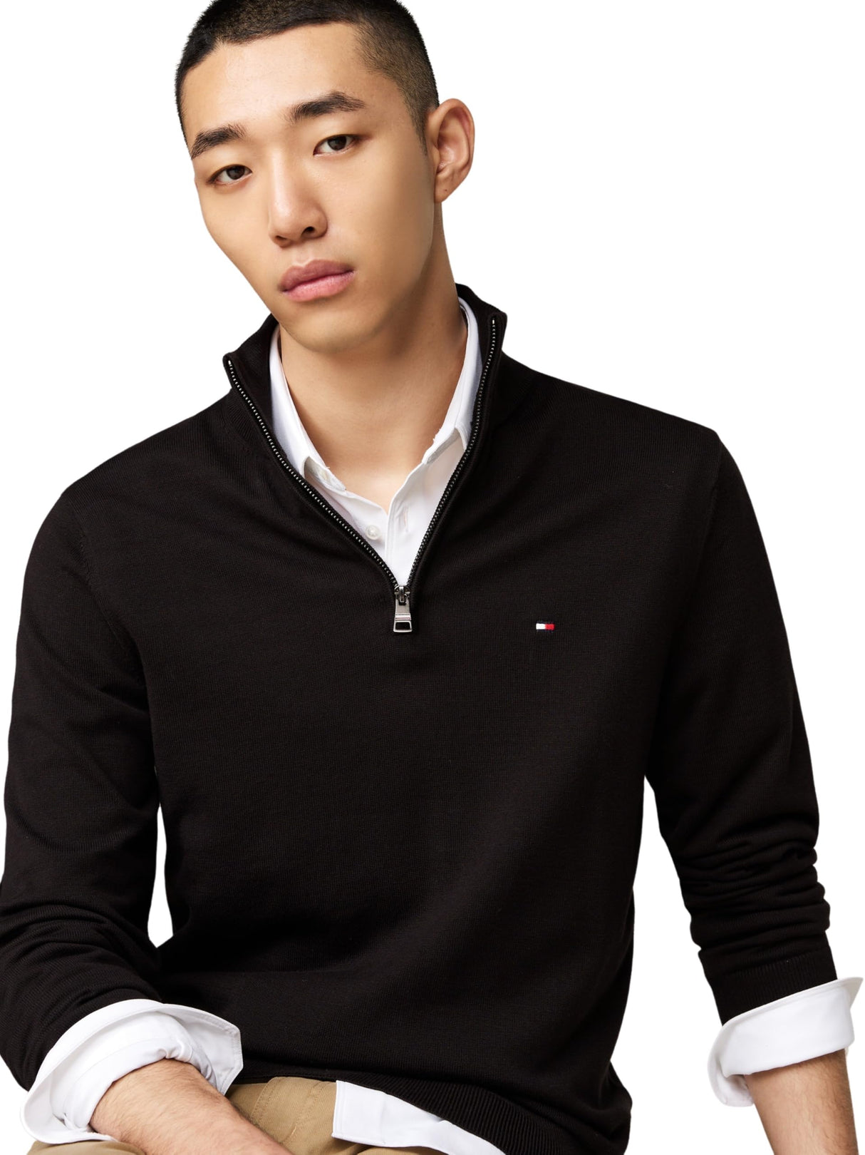 Tommy Hilfiger Jersey con Cremallera Hombre Essential Cotton Mock con Media Cremallera, Negro (Black), L