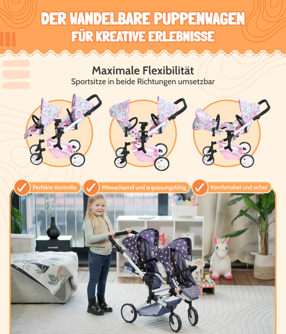 Bayer Chic 2000 - Cochecito para muñecas Linus Duo para niños de 4 a 8 años, Flores, Rosa 690-53