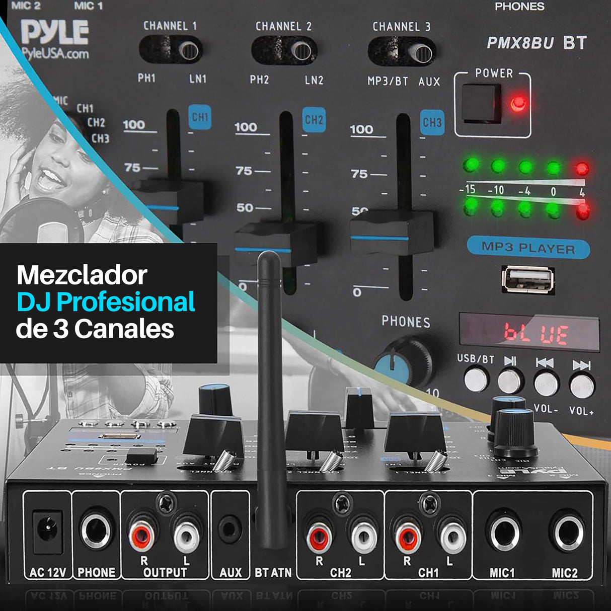 Pyle mezclador de audio para DJ, 3 canales, Bluetooth, Lector de USB, Dual RCA/Phono, Entrada de microfono, Conector para auriculares