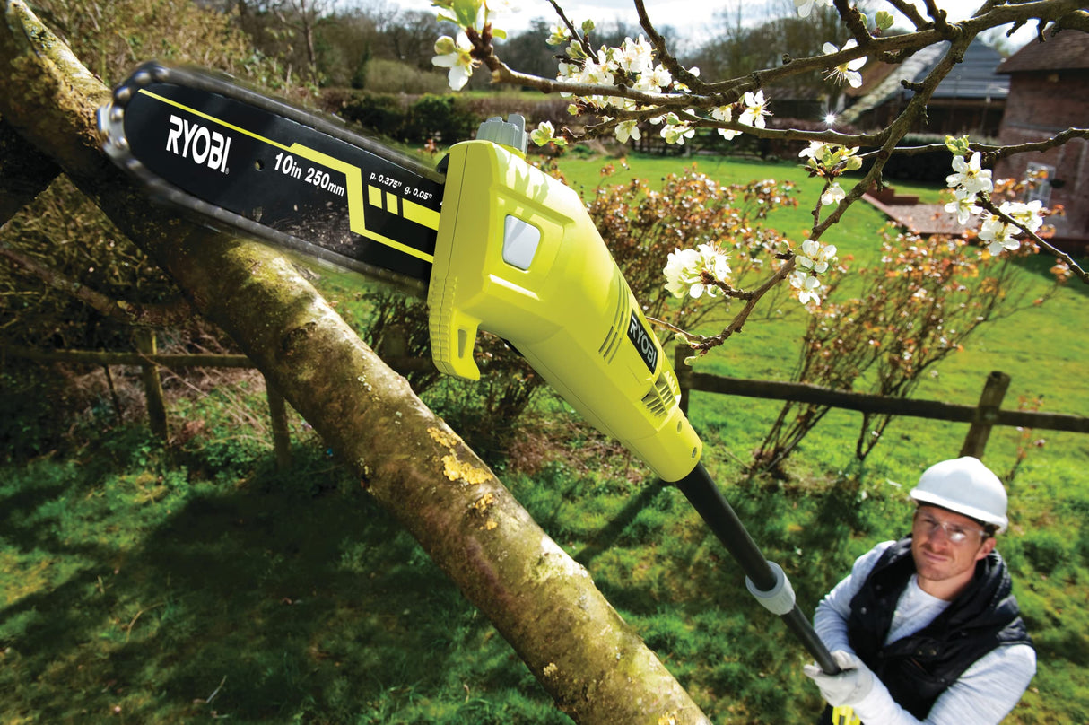 RYOBI - Podadora Eléctrica de Cable 220V, 750W con Pértiga - Longitud Hoja 25cm, Cadena 40 Eslabones para Ramificación, Poda y Trabajos de Largo Alcance - Incluye 1 Arnés, 1 Extensión - RPP755E