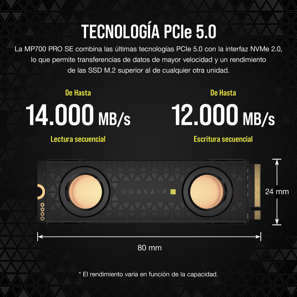 Corsair MP700 Pro SE Hydro X Series 4 TB M.2 PCIe Gen5 x4 NVMe 2.0 SSD – M.2 2280 – hasta 14.000 MB/s Velocidad de Lectura Secuencial – Bloque de Refrigeración Líquida Preinstalado – Negro