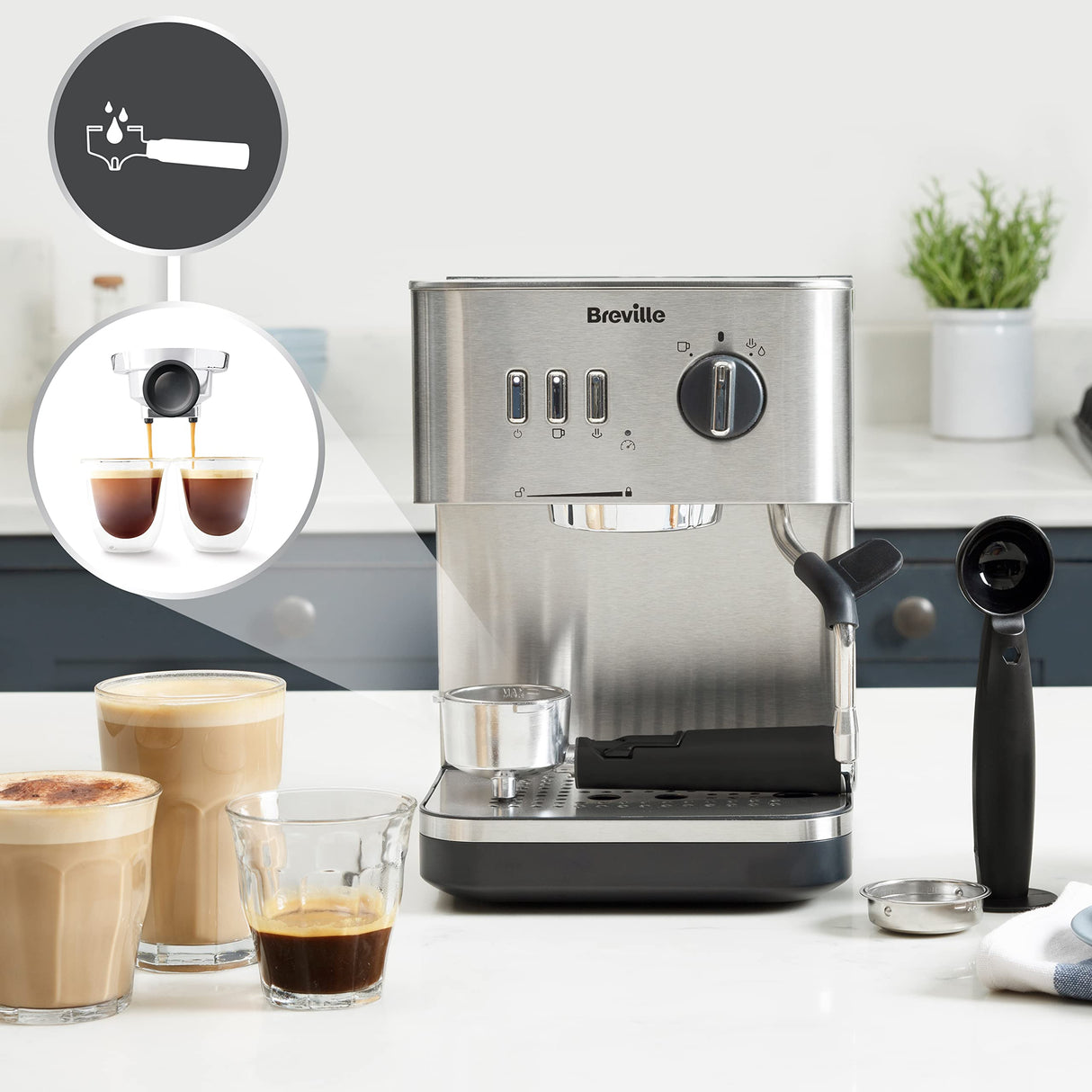 Breville Máquina de expresso Bijou Barista | Expreso automático y manual, Cafetera capuchino y café con leche | Bomba de 15 bares | Vara de vapor | Plateada [VCF149X]