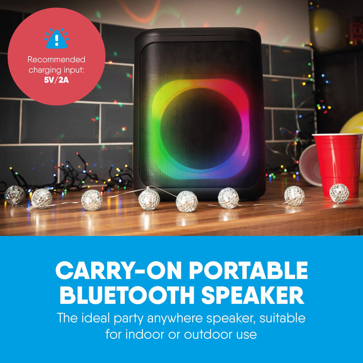 Carry-on Soundtrack Altavoz Bluetooth portátil para Interiores y Exteriores con Luces integradas IPX4 a Prueba de Salpicaduras, 2 entradas de micrófono, Bluetooth, 3 Horas de reproducción