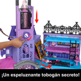 Monster High Casa de muñecas Haunted High School con 7 áreas de juego y muebles, +35 accesorios, 2 plantas y capacidad para 3 muñecas, juguete +4 años (HLP88), Violeta
