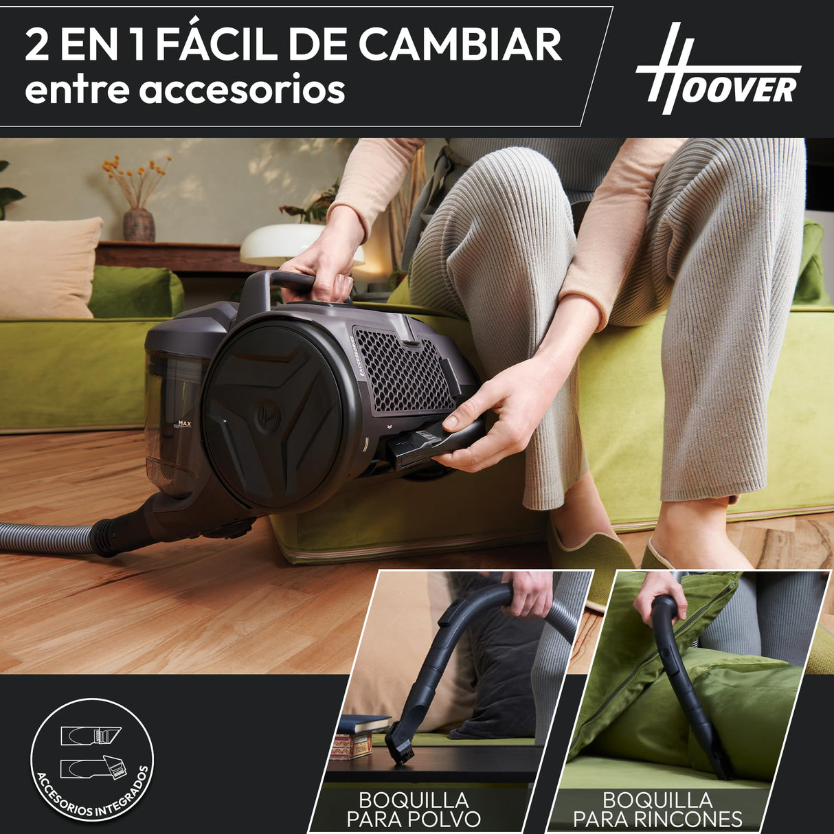 Hoover HP1 Aspiradora Compacta Potente para Suelos Duros, Delicados y Alfombras, Boquillas para Parquet y Mascotas, Filtro de Polvo EPA, Capacidad 2L, Accesorios Integrados, Radio de 8,2m [HP120PET]