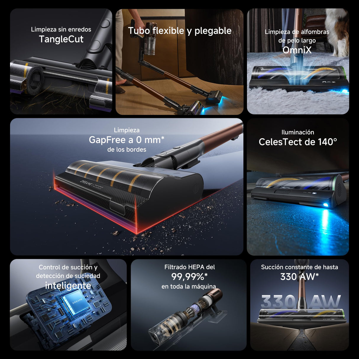 DREAME V30 Aspirador Sin Cable, Limpieza a 0 mm de Los Bordes, Succión de 330 AW, Antienredos, Limpieza de Alfombras de Pelo Largo y Suelos Duros, Limpieza de Pelos de Mascotas, Auto. Máx. de 90 Min