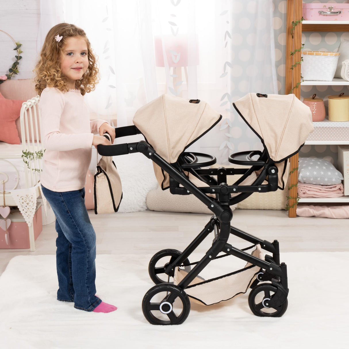 Bayer Design 26275AA Cochecito de muñeca gemelas, Carrito Paseo para muñecos, Ajustable en Altura, Plegable, con Bolsa