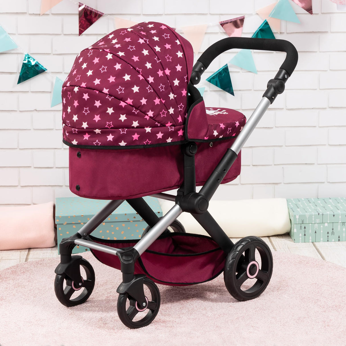 Bayer Design 17023AA Cochecito de muñeca Combi Xeo, Carrito para muñecas, Altura Regulable, Convertible en Sillita Paseo, Bolsa