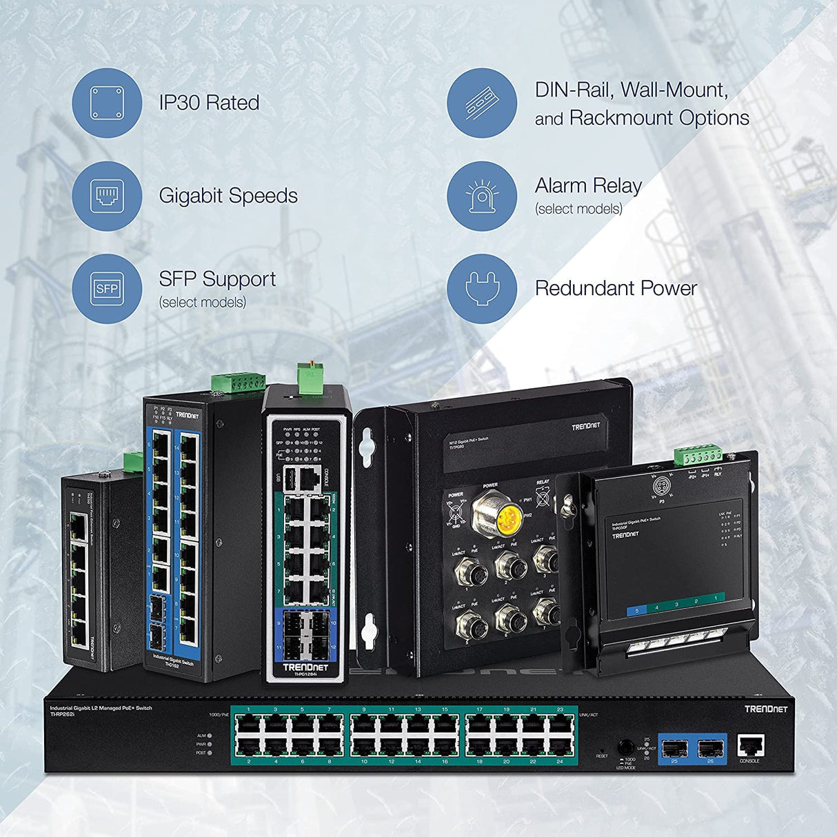 TRENDnet, TI-PG541i, Switch DIN-Rail administrado de Capa 2 PoE+ Gigabit Industrial Reforzado de 6 Puertos, 4 Puertos Gigabit PoE+ 802.3at, 1 Puerto Gigabit, 1 Ranura SFP Gigabit, Consumo de 120 W