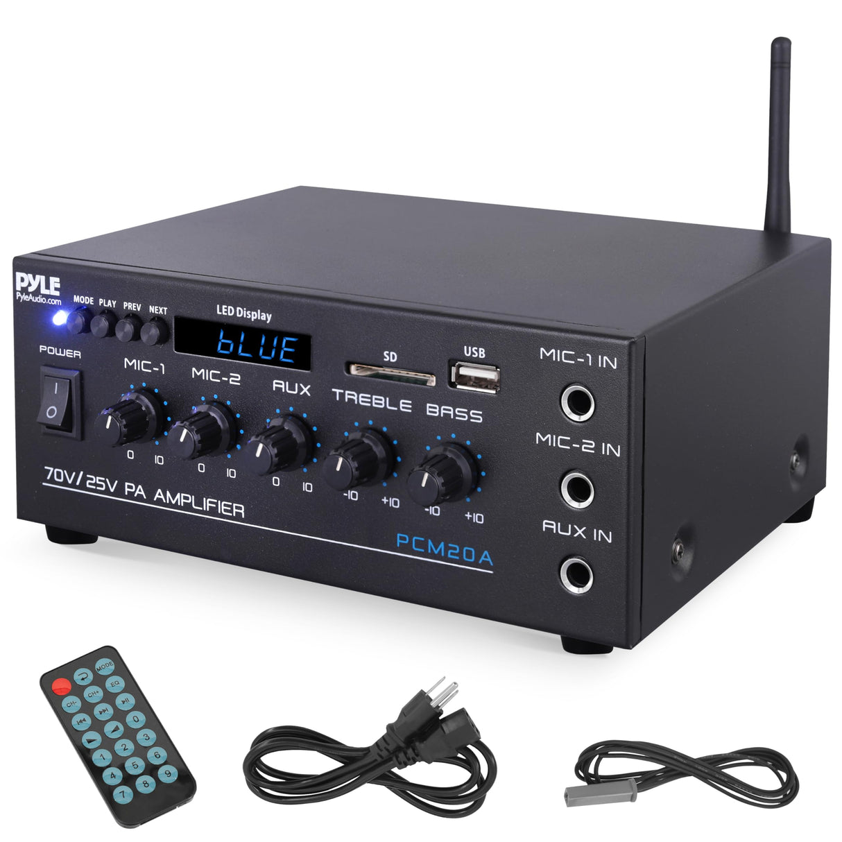 Pyle Sistema Amplificador de Potencia de Audio, Inalambrico, Estereo, Potencia Maxima de 200V, USB, SD, AUX, Entrada de microfono para Karaoke, Radio, Pantalla LCD, RCA
