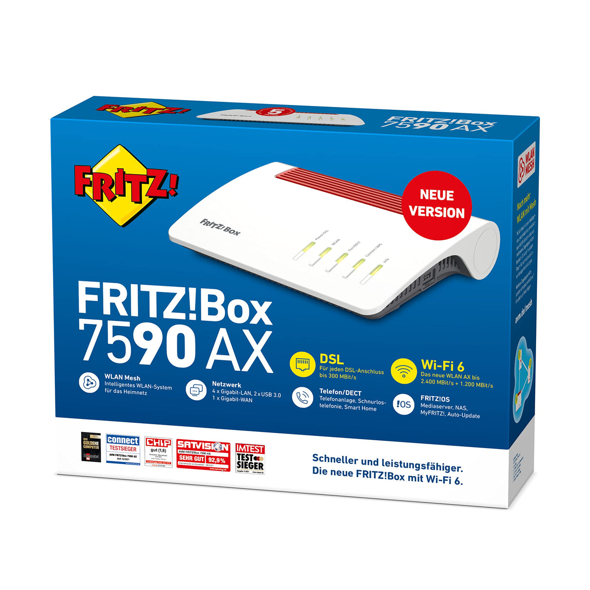 AVM Fritz!Box 7590 AX (Wi-Fi 6 enrutador con 2400 Mbps (5 GHz) y 1200 Mbps (2,4 GHz), hasta 300 Mbps con supervectoring VDSL, Malla Wi-Fi, Base DECT, en alemán Versión)