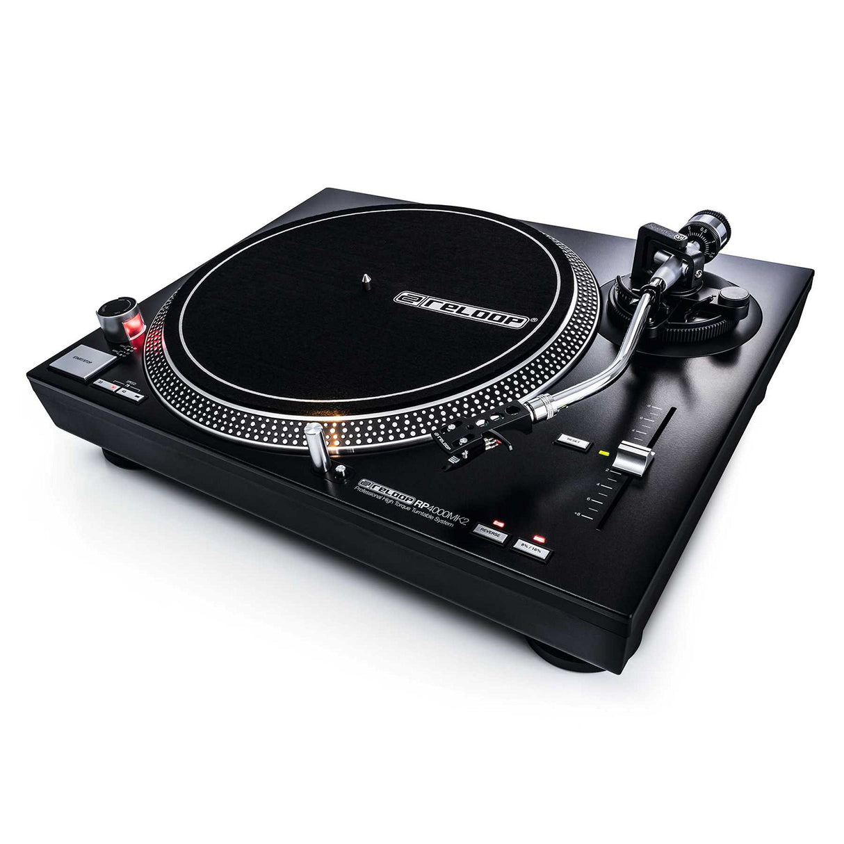 Reloop RP-4000 MK2 - Plato Giratorio de Cuarzo para DJ con accionamiento Directo de Alto par, Incluye Plato, Sistema de Toma OM Black, Casco, Alfombra de Deslizamiento y contrapeso, Negro
