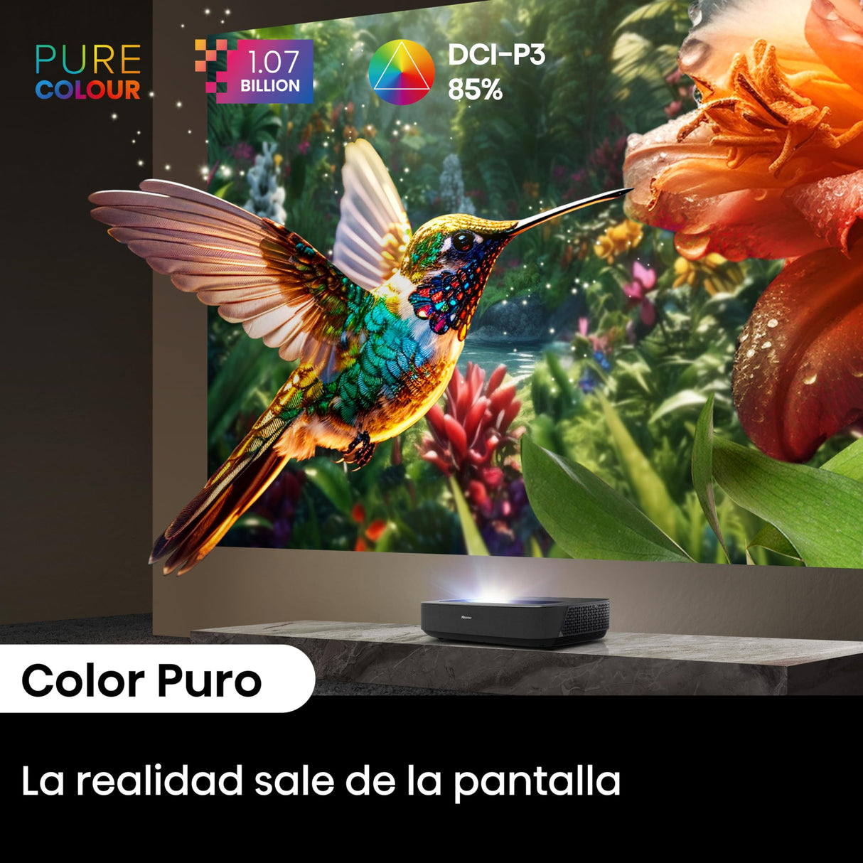 Hisense PL2 - Proyector Laser UHD 4K Smart TV de Tiro Corto, de 80 a 150 Pulgadas, 2400 lumenes, HDR10, Contraste Nativo 3000:1, Dolby Vision, Dolby Atmos, Smooth Motion, Mando Solar