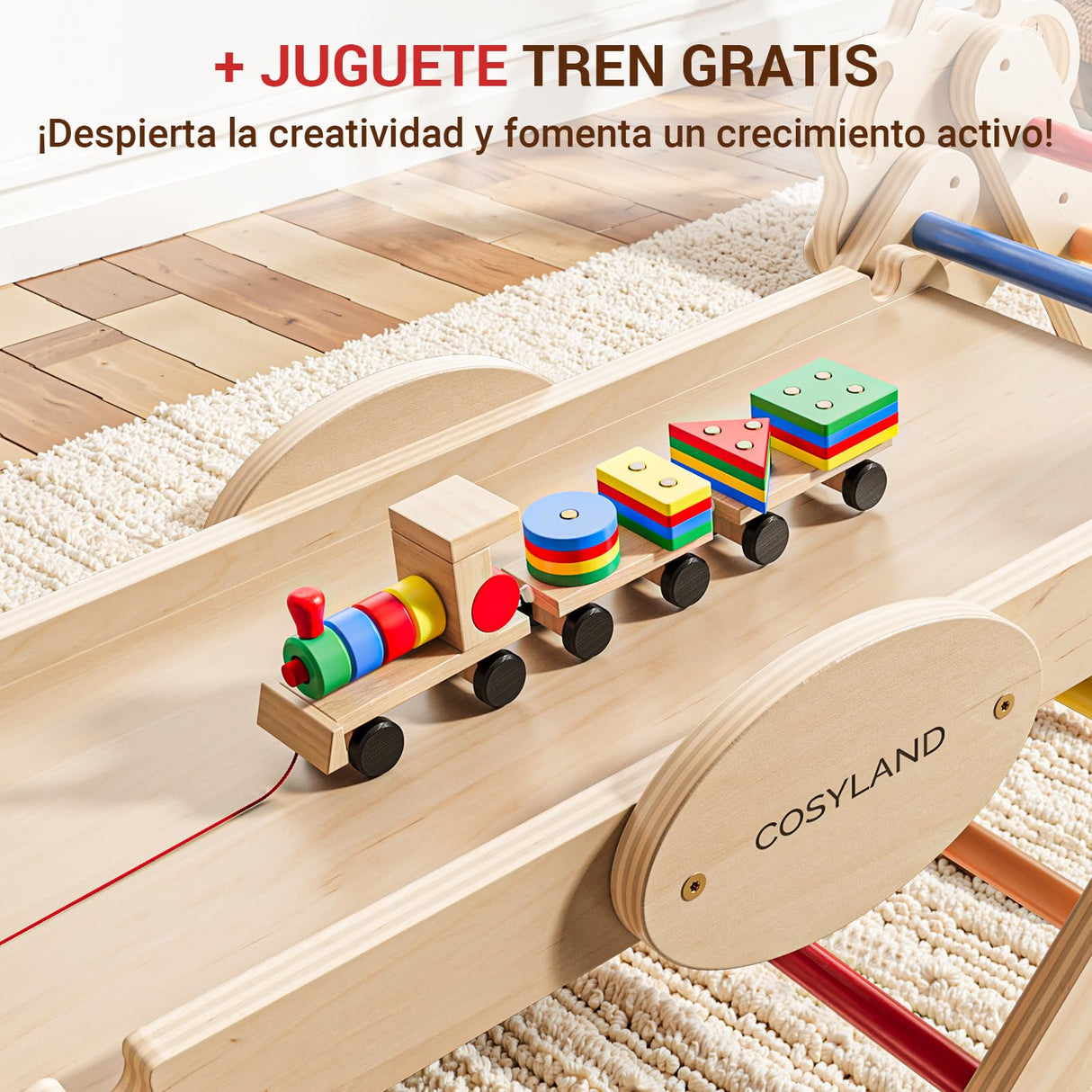 COSYLAND 8 en 1 Triángulo de Escalada Montessori con Arco y Rampa, Set Plegable Infantil, Juguete de Madera Resistente para Interior, Niños 18 Meses-6 años, Colores Arcoíris, Mediano