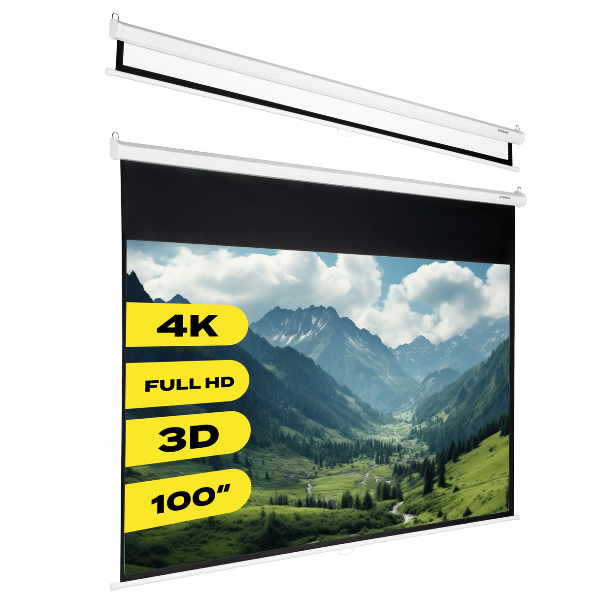 OVERMAX Screen Pantalla de proyección con trípode, Tres Patas, Ajuste de Altura de Pantalla y trípode, retracción automática de Pantalla con Resorte ((100'') 221 x 124 cm)