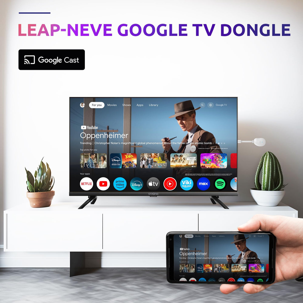 STRONG Leap-Neve Stick De Streaming Google TV 4K UHD con Puerto Ethernet, 2GB RAM + 16GB Almacenamiento, Wi-Fi 6, Android 12, Chromecast Integrado, Asistente De Google, Dolby Atmos Y Dolby Vision
