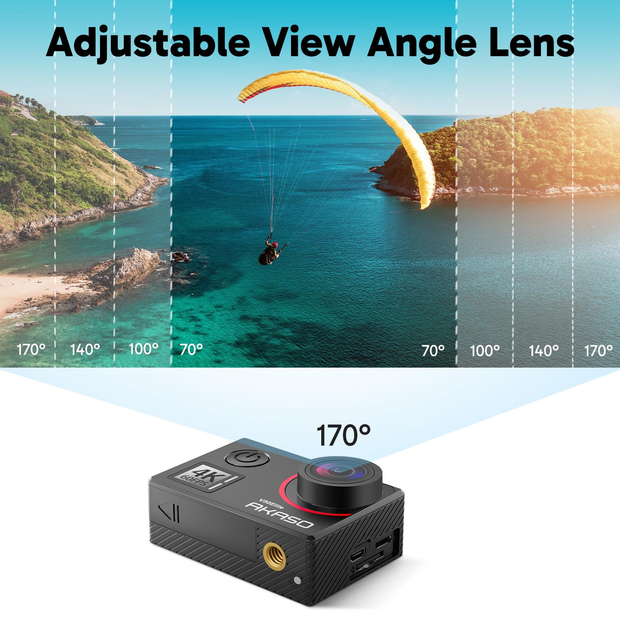 AKASO Cámara Deportiva WiFi 4K/60fps 20MP, Cámara de Acción con EIS Pantalla Táctil, Cámara Acuatica Sumergible 40M con Control de Voz 8X Zoom Control Remoto 2 Baterías Multi Accesorios