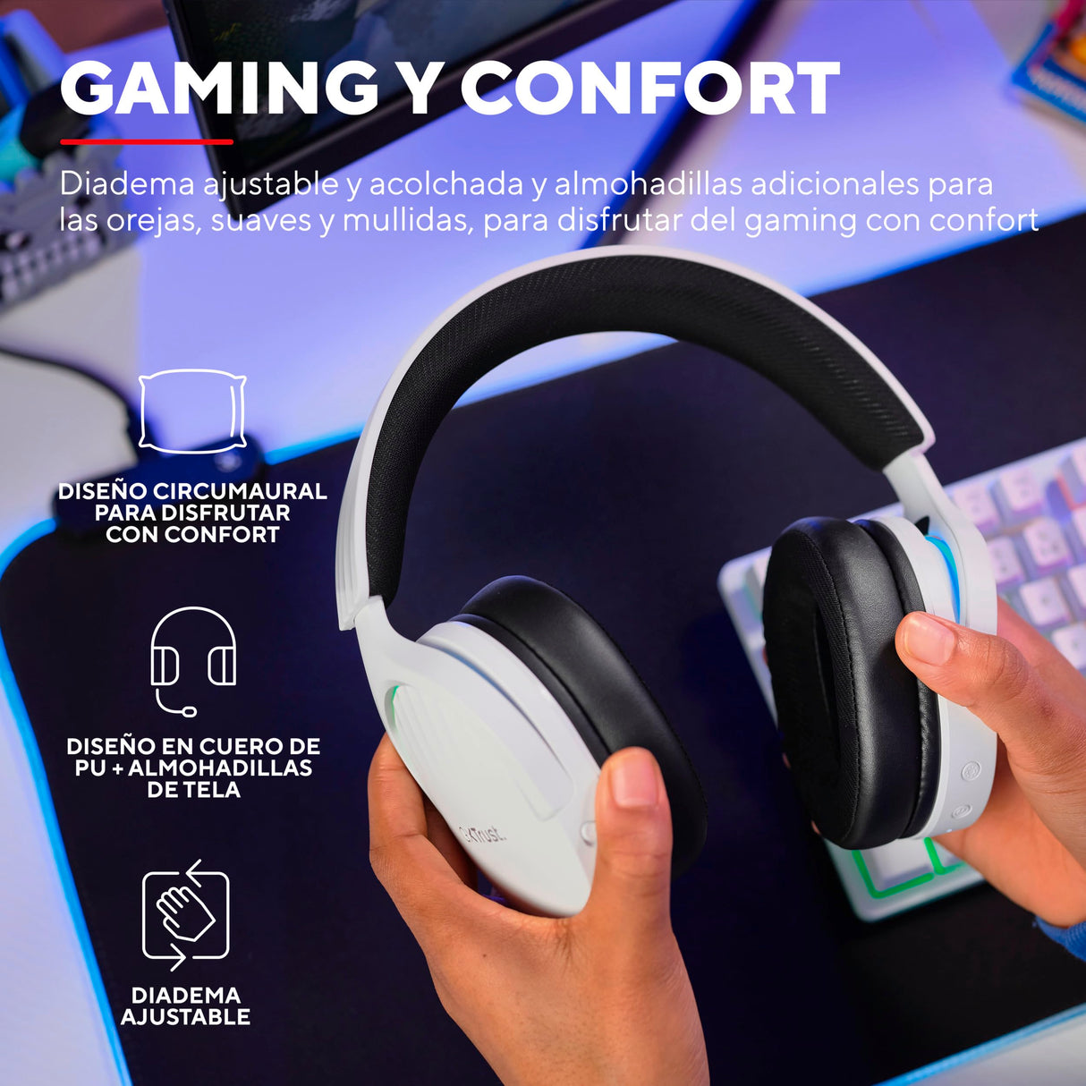 Trust Gaming GXT 491W Fayzo Cascos Gaming Inalámbricos Bluetooth + 2.4 GHz, 7.1 Sonido Envolvente, Batería de 22 Horas, Auriculares Inalámbricos RGB Over-Ear PC PS5 PS4 Switch - Blanco